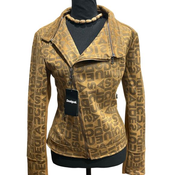NWT Desigual Chaq_Lou Brown Logo Print Faux Suede Moto Jacket Size 40 (M) - Picture 15 of 16
